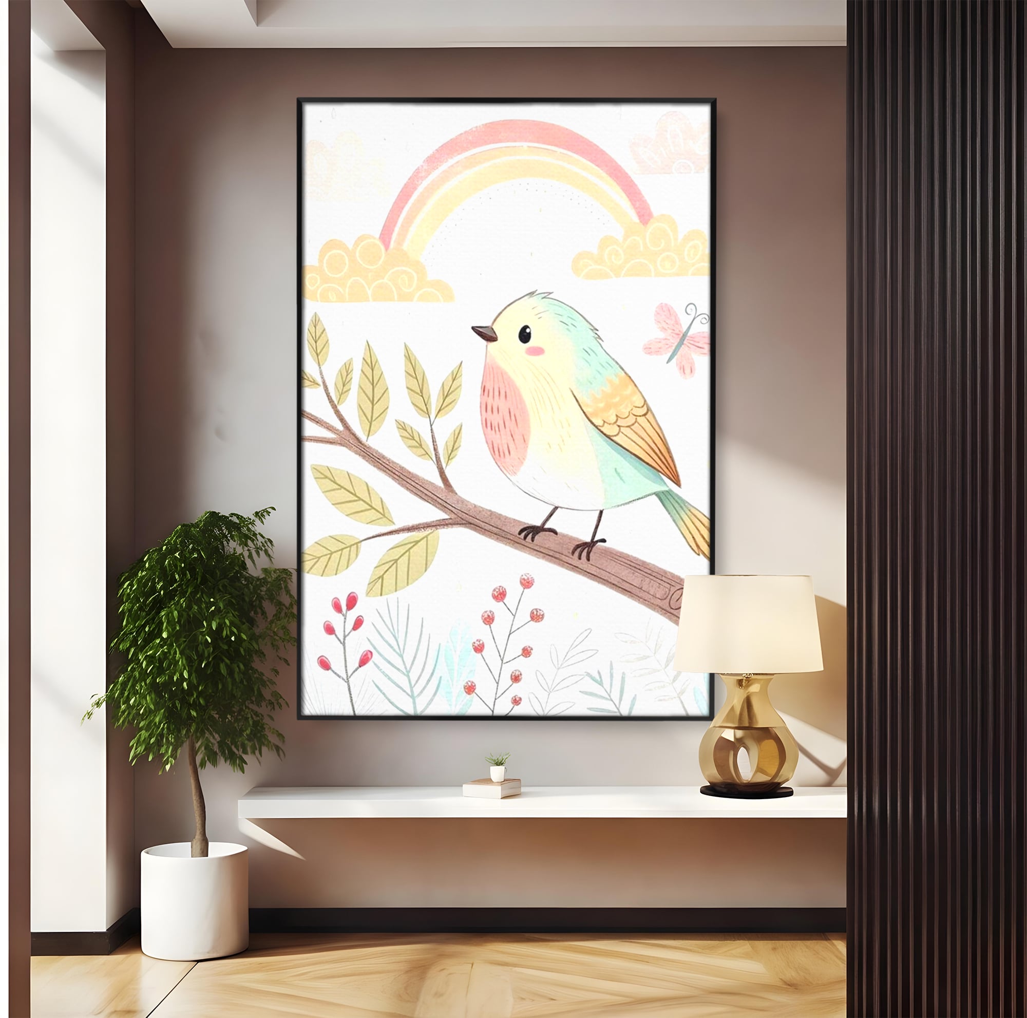Tablou canvas cu tablou canvas cu pasare pe ramura, in rama de aluminiu negru
